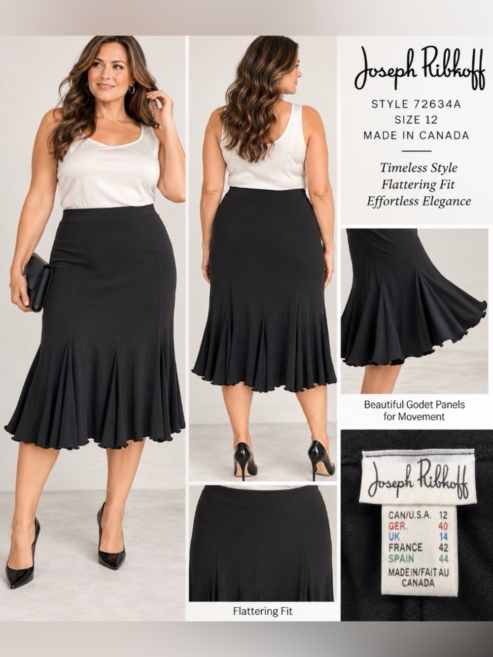 Joseph Ribkoff Black Godet Flare Skirt Size 12 Made in Canada